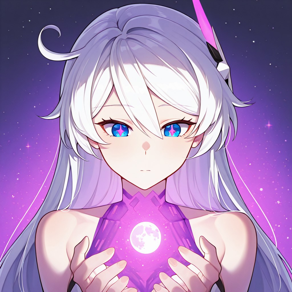 1girl, KianaHi3, Fol006, Kia_Hfi, long hair, white hair, blue eyes, purple pupils, kiana kaslana, moon shining behind, surrounded by glowing purple stars, focus from chest to head, holding the moon in her hands, alone, detailed moon