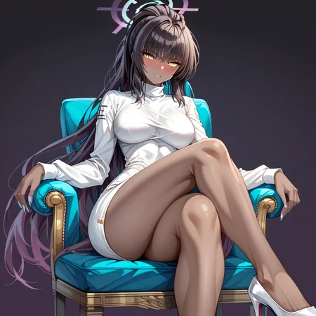 score_9, score_8_up, score_7_up, source_anime, expressive, anime, Artist speedlines, dynamic, Basic Instinct Pose, B4sic1nstinctP0se, basic_instinct_(movie),  1woman, (Karin_(Blue Archive)), (dark-skinned_female:1.2), yellow eyes, looking at viewer, facing viewer, dress, turtleneck, sitting, on_chair, crossed_legs, bare_legs, high_heels, blush, blushing, embarrassed, dark background