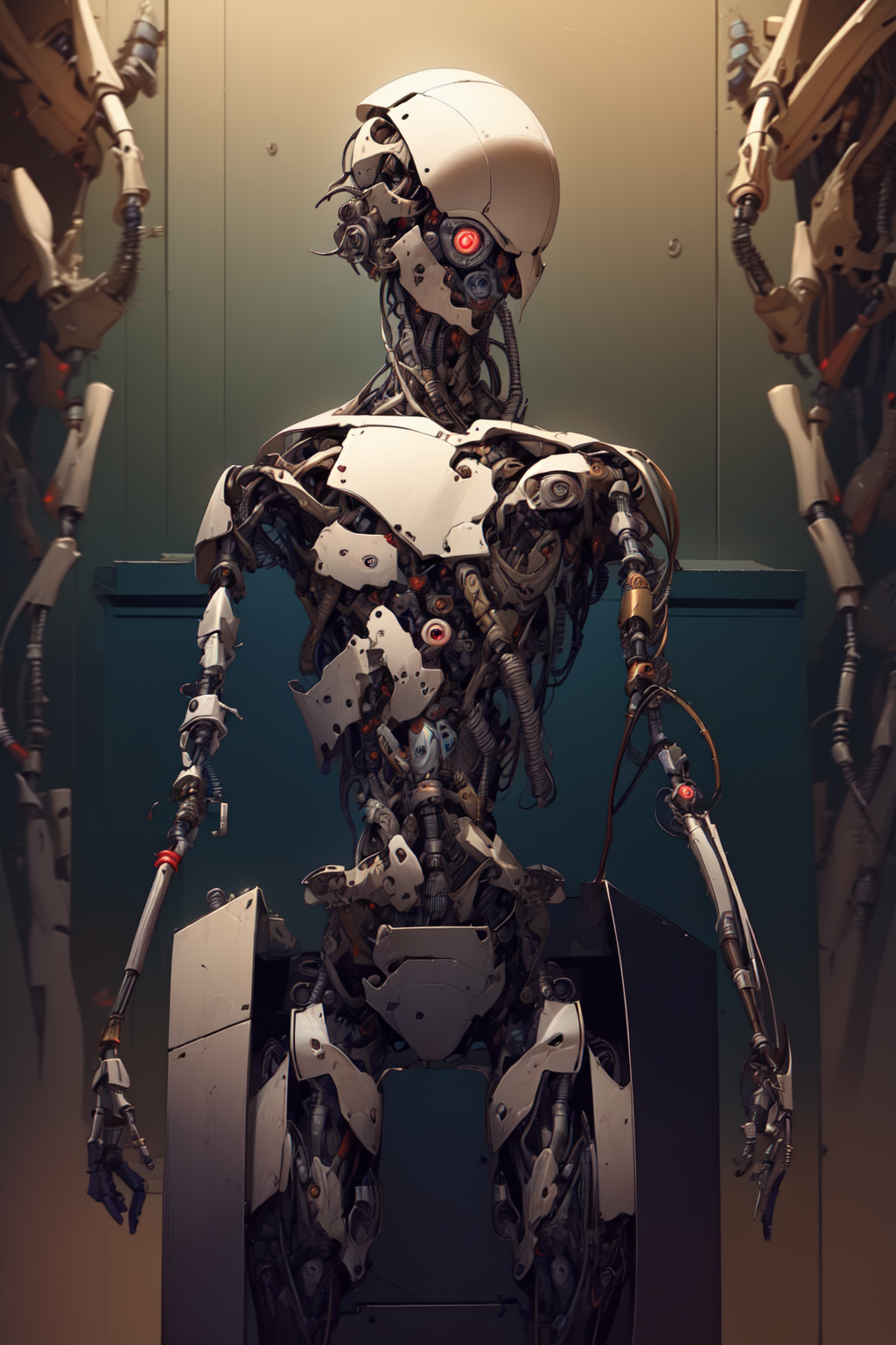breathtaking full shot:, full body, broken down, (hacked arm:1.4), facing viewer, (looking at viewer:1.4), dynamic pose,  <lora:reelmech1v2:1> reelmech, (mechanical parts:1.5), missing parts, dirty, stained, leaking oil, (damaged:1.3), <lora:1mechabare:1>, damaged_skin face, damaged_skin  eye socket, damaged_skin cheek, falling apart <lora:cyborgbot:0.3> robot <lora:Horror_Scenes:0.6>, masterpiece, award-winning, professional, highly detailed