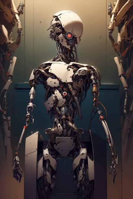 breathtaking full shot:, full body, broken down, (hacked arm:1.4), facing viewer, (looking at viewer:1.4), dynamic pose,  <lora:reelmech1v2:1> reelmech, (mechanical parts:1.5), missing parts, dirty, stained, leaking oil, (damaged:1.3), <lora:1mechabare:1>, damaged_skin face, damaged_skin  eye socket, damaged_skin cheek, falling apart <lora:cyborgbot:0.3> robot <lora:Horror_Scenes:0.6>, masterpiece, award-winning, professional, highly detailed