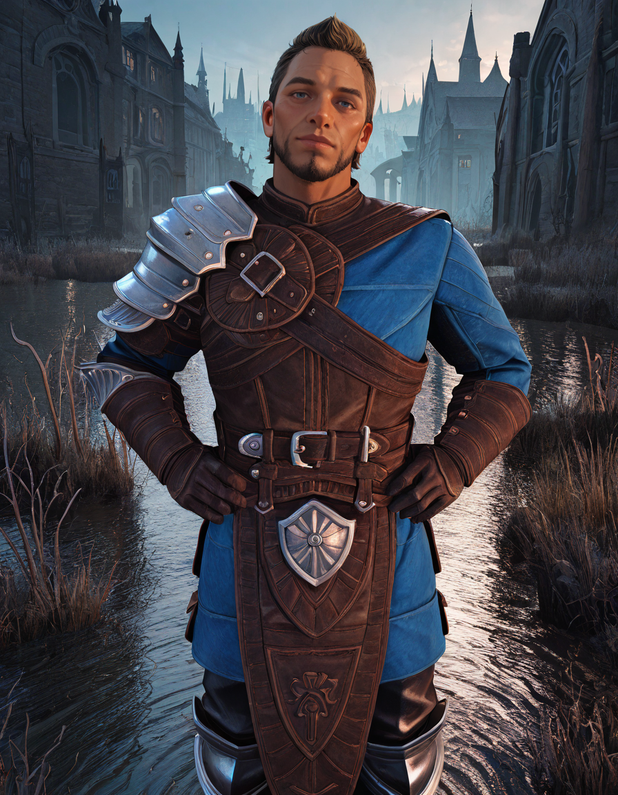 masterpiece, best quality, absurdres, newest, perfect quality, best quality, absolutely eye-catching, detailed background, intricate details, male focus, solo, realistic, <lora:Dragon Age Veilguard - Warden Tomasz - Illustrious_2-000004:0.8>, wtomasz, short hair, dark blonde hair, 1boy, mature male, blue eyes, looking at viewer, head tilt, no mustache, single pauldron, leather tunic, leather gauntlets, chest belt, leather belt, leather pants, armored knee boots, outdoors, wetland, building, hands on own hips, head tilt, looking at viewer