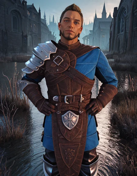masterpiece, best quality, absurdres, newest, perfect quality, best quality, absolutely eye-catching, detailed background, intricate details, male focus, solo, realistic, <lora:Dragon Age Veilguard - Warden Tomasz - Illustrious_2-000004:0.8>, wtomasz, short hair, dark blonde hair, 1boy, mature male, blue eyes, looking at viewer, head tilt, no mustache, single pauldron, leather tunic, leather gauntlets, chest belt, leather belt, leather pants, armored knee boots, outdoors, wetland, building, hands on own hips, head tilt, looking at viewer