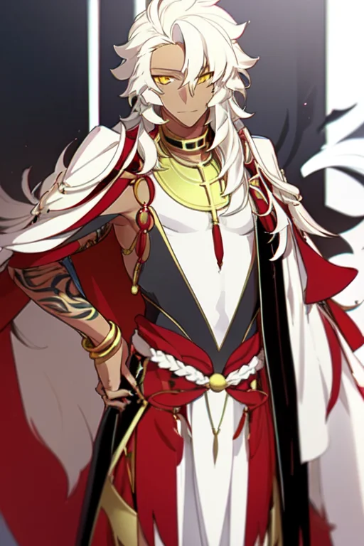 solomon_(fgo), handsome, dark-skinned man, long hair, white hair, messy hair, ahoge, braid, yellow eyes, jewelry, long robes, tattoo, black fingernails