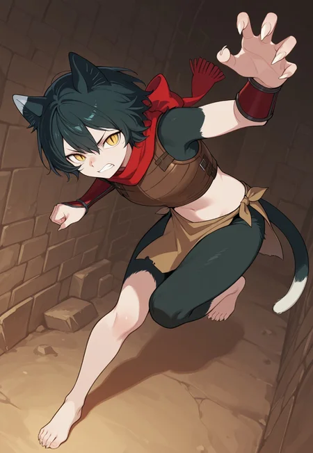 safe_pos, score_9, score_8_up, score_7_up, masterpiece, best quality, very aesthetic, Dunmeshi_Izutsumi, 1girl, solo, cat ears, black hair, short hair, yellow eyes, slit pupils, multicolored fur, claws, flat chest, red scarf, leather armor, midriff, vambraces, loincloth, tail, barefoot, angry, dynamic pose, full body, perspective, dungeon
