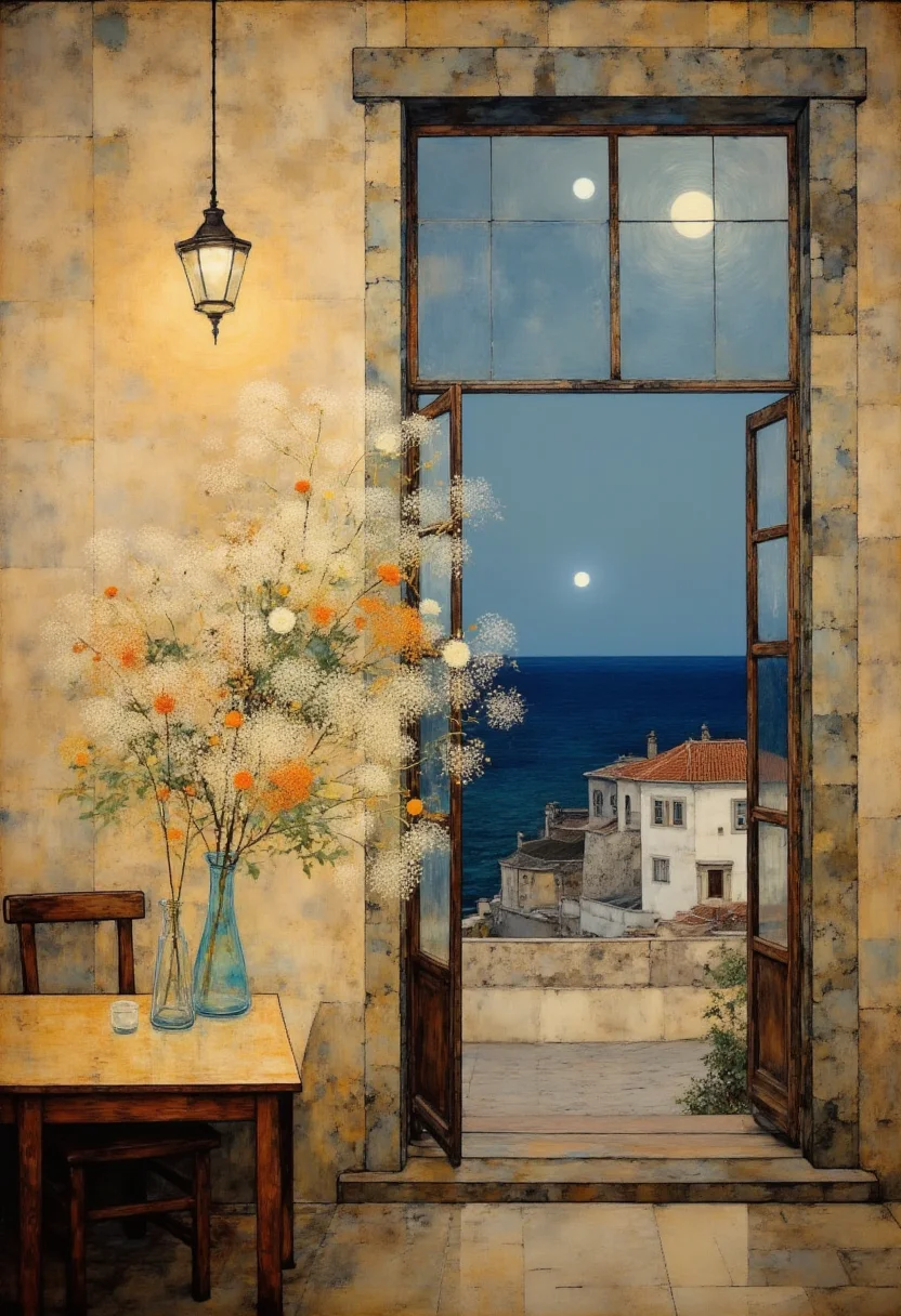 This image is a detailed, realistic digital painting depicting an interior scene with a serene, almost dreamlike quality. The setting is a rustic, possibly Mediterranean-style room with aged, weathered walls painted in muted earthy tones of brown and beige. The room features a simple wooden table with a glass top, positioned near the center. On the table are two clear, turquoise glass vases holding an arrangement of delicate, white flowers with a few orange blossoms interspersed, adding a pop of color. The left side of the image shows a wooden chair with a simple design, positioned next to the table. Above the table, a single, hanging light fixture with a black metal frame and a white, frosted bulb casts a warm, soft glow, illuminating the table and the flowers. The background reveals a large, open window, allowing a view of a tranquil seaside landscape. The window frame is rustic, with wooden slats and a glass pane that reflects the light from the room. Outside, the scene is dominated by a serene, calm ocean, with a full moon casting a soft, silvery glow. In the distance, a small, white building with a terracotta roof is visible, adding a sense of scale and depth to the painting. The overall atmosphere is tranquil