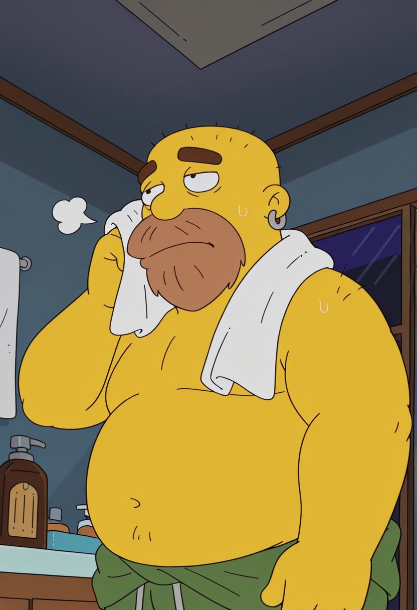 Sh4wn, detail background, 1boy, solo, male, yellow skin, brown beard, bald, earring, black eyes, cartoon eyes, thick dark brown eyebrows, chubby, overweight, big belly, fat, BREAK green shorts, looking up, side angle, bathroom, messy room, dark atmosphere, at night, indoors, excessive sweat, dark atmosphere, sigh, close-up, facing viewer, white towel on neck, tired, (wiping sweat from cheeks with hand), close-up, from below, towel around on waist, upper body