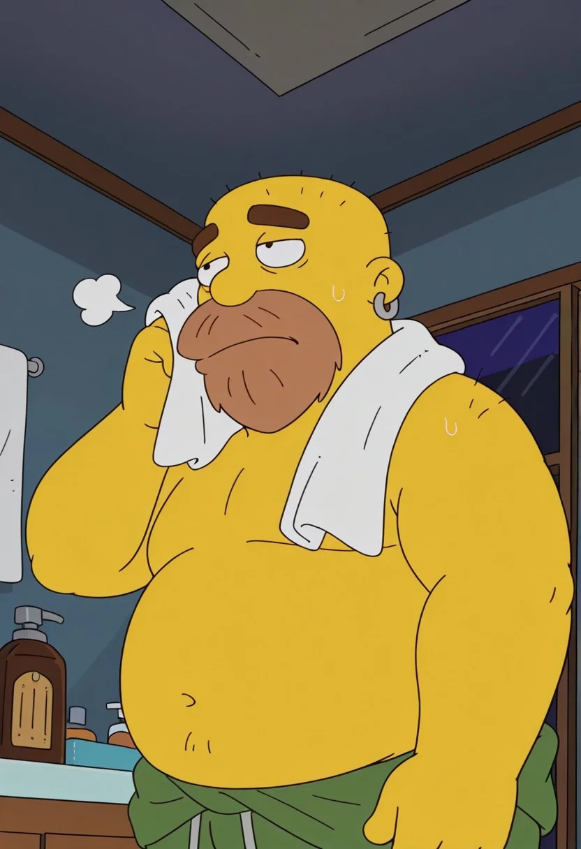Sh4wn, detail background, 1boy, solo, male, yellow skin, brown beard, bald, earring, black eyes, cartoon eyes, thick dark brown eyebrows, chubby, overweight, big belly, fat, BREAK green shorts, looking up, side angle, bathroom, messy room, dark atmosphere, at night, indoors, excessive sweat, dark atmosphere, sigh, close-up, facing viewer, white towel on neck, tired, (wiping sweat from cheeks with hand), close-up, from below, towel around on waist, upper body