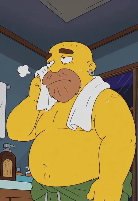 Sh4wn, detail background, 1boy, solo, male, yellow skin, brown beard, bald, earring, black eyes, cartoon eyes, thick dark brown eyebrows, chubby, overweight, big belly, fat, BREAK green shorts, looking up, side angle, bathroom, messy room, dark atmosphere, at night, indoors, excessive sweat, dark atmosphere, sigh, close-up, facing viewer, white towel on neck, tired, (wiping sweat from cheeks with hand), close-up, from below, towel around on waist, upper body