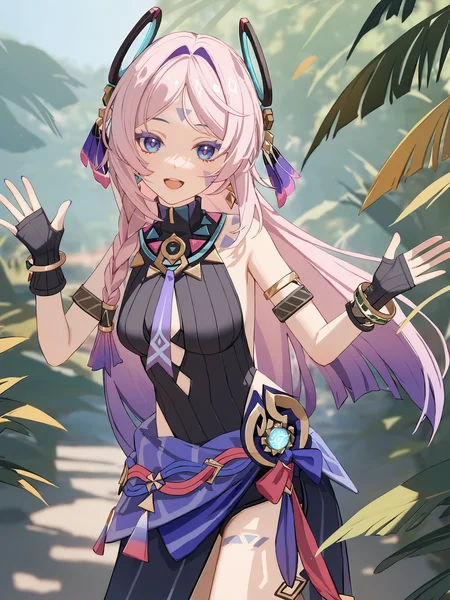 1girl, citlali \(genshin impact\), fingerless gloves, armlet, sarong, facial mark, bracelet, ring hair ornament, turtleneck leotard, leg tatoo, single gauntle, looking at viewer, smiling, open mouth, jungle, outdoors, depth of field, standing on one leg, waving, cowboy shot <lora:Char-Genshin-Citlali-V1-XL:0.9>, masterpiece, best quality, very aesthetic, ray tracing, newest,(hitenkei, askzy:0.5), [<lora:detailed_notrigger:0.95>::0.5]