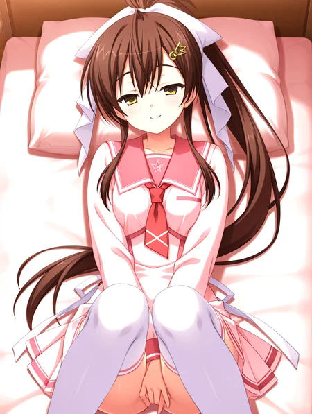 masterpiece,best quality,newest,absurdres,highres,detailed eyes,beautiful,detailed background,solo,perfect eyes,anime coloring,full_shot,anime screencap,
nsfw,explicit,<lora:add-detail-xl:1>,<lora:ponyv4_noob1_2_adamW-000017:0.8>,wear clothes,
1girl,
looking at viewer,lying,on back,peaceful,smiling,>:\),half-closed eyes,school,
pink pillow,lied on pink quilt,pink bed,
<lora:il-aoi-tenshin-sera:1>,il-aoi-tenshin,aoiserafuku,1girl,solo,brown hair,pink dress serafuku,yellow eyes,pink dress skirt,long hair,pink long thin on dress,ponytail,square bottom necktie,white thighhighs,