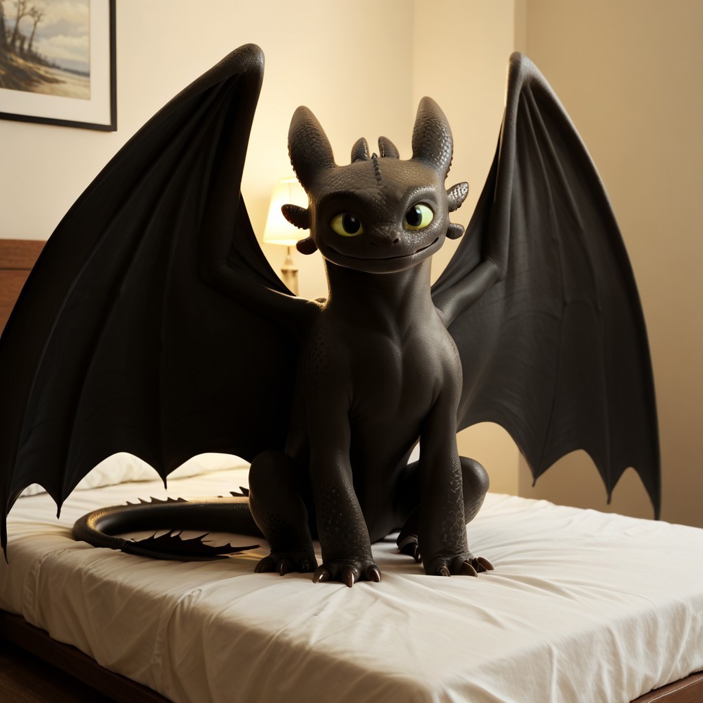 score_9, score_8_up, score_7_up, score_6_up, score_5_up, score_4_up, masterpiece, high quality, realistic, detailed, best quality, white bed, natural lighting, solo, rating_safe, source_furry, bedroom, smiling, sitting, spread wings, looking at viewer, toothless_httyd, dragon, night_fury, black scales, wings, tail, claws, male, 1boy, green sclera, black pupils, feral