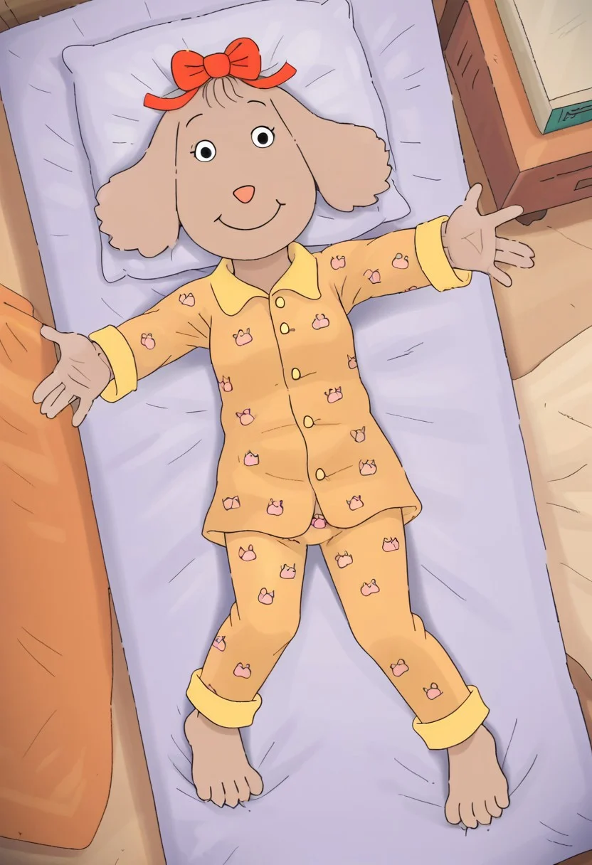 source_cartoon, Fern Walters, solo, 1girl, anthropomorphic dog, animal ears, tannish grey fur. red bow on her head,
Pajamas, lying on back, lying on bed, overhead view, reaching arms to viewer, pov hug, smile, full body, aged up