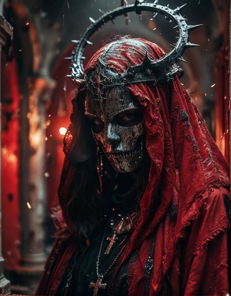 score_9, score_8_up, score_7_up, score_8, 1girl, simple background, jewelry, upper body, hood, necklace, armor, from side, mask, halo, helmet, cross, crown, veil, cloak, red background, spikes, hood up, robe, red theme, covered face, helm, depth of field, blurry background, black background, dark, CINE, embers, <lora:unholy-000009:0.75> <lora:CINE-000008:0.5>
