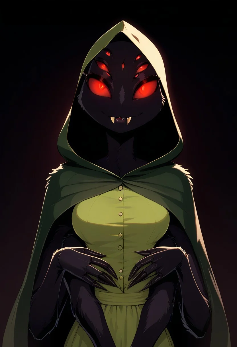 score_9, score_8_up, score_7_up, highres, high quality, perfection,
BREAK
1girl, (solo: 2.0), girl alone, front view, cowboy shot, dark background, web background,
BREAK
furry female, arachnid girl, (anthro arachnid girl: 1.2), beautiful girl, cute girl, adult, 20 years old, detailed body, detailed fur, (black fur: 1.2), fluffy, one-tone fur, shapely girl, (slim body: 1.2), petite body, (bald_girl: 1.2), (baldness: 2.0), detailed face, beautiful face, eyelashes, (red eyes: 1.2), extra eyes, 6 eyes, lot of eyes, (glowing eyes: 1.2), perfect eyes, detailed eyes, (fangs: 1.2), teeth, medium breasts, extra arms, 4 arms, 6 arms,
clothed, dark-green cloak, green dress, hooded cloak, hood on,
standing, looking at viewer,
BREAK
darkness, spider web everywhere,