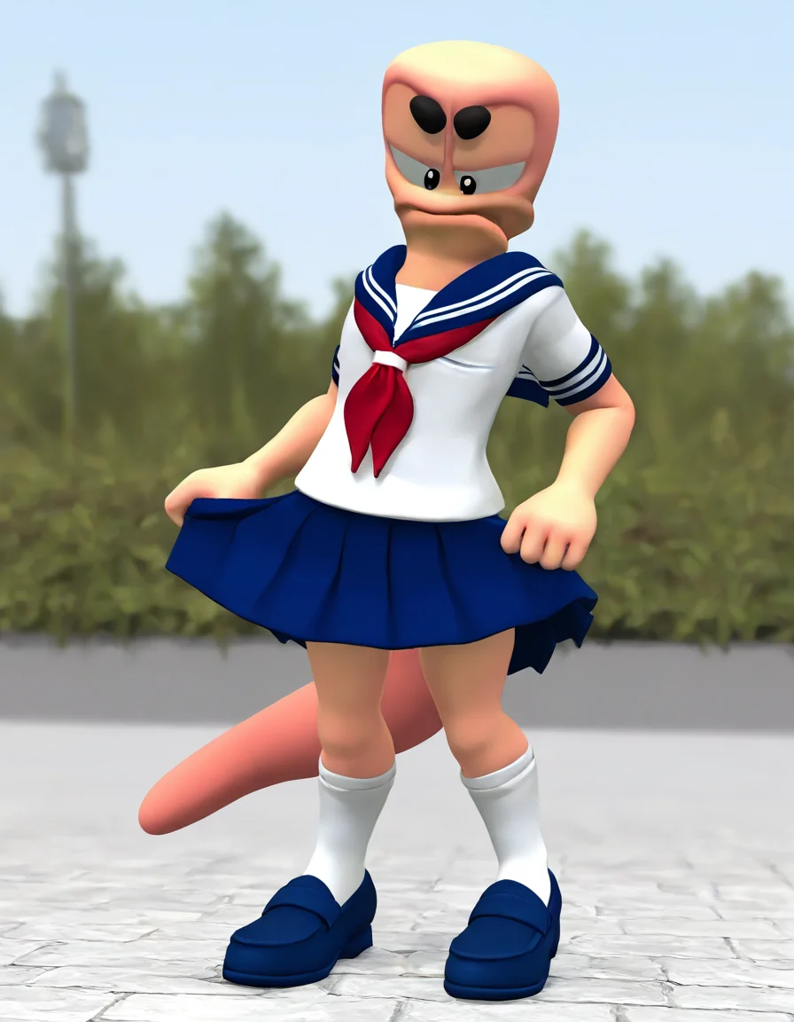 solo, wormsteam17, wormrender, worm, anthro, anthrofied, male focus, fullbody, standing, legs apart, plantigrade, floating black eyebrows, slim neck, looking down, frown, annoyed, crossdressing, school uniform, white serafuku, blue sailor collar, red neckerchief, short sleeves, blue skirt, pleated skirt, skirt grab, white socks, blue loafers, long big worm tail growing from his behind, outdoors, day, blurry background, general, 3d, 3d \(artwork\), explicit, masterpiece, best quality, very aesthetic, highres, absurdres