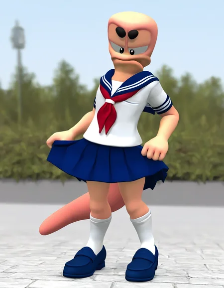 solo, wormsteam17, wormrender, worm, anthro, anthrofied, male focus, fullbody, standing, legs apart, plantigrade, floating black eyebrows, slim neck, looking down, frown, annoyed, crossdressing, school uniform, white serafuku, blue sailor collar, red neckerchief, short sleeves, blue skirt, pleated skirt, skirt grab, white socks, blue loafers, long big worm tail growing from his behind, outdoors, day, blurry background, general, 3d, 3d \(artwork\), explicit, masterpiece, best quality, very aesthetic, highres, absurdres