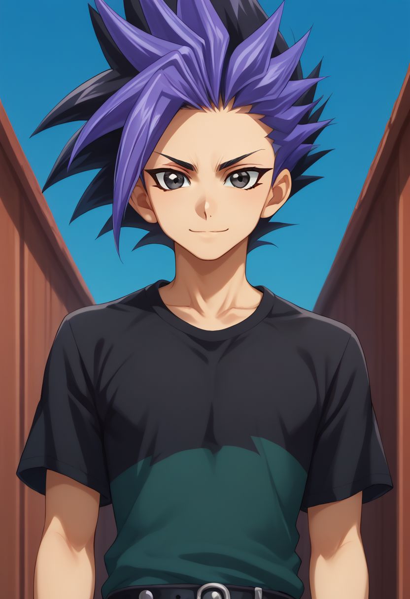 score_9, score_8_up, score_7_up, source_anime, highly detailed, 
yuto, 1boy, male focus, solo, black hair, spiked hair, multicolored hair, looking at viewer, black eyes, purple hair, upper body, dyed bangs, black hair, two-tone hair, bangs, t-shirt, pants, belt, smile
outdoor, blue sky,