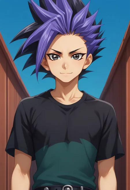 score_9, score_8_up, score_7_up, source_anime, highly detailed,
yuto, 1boy, male focus, solo, black hair, spiked hair, multicolored hair, looking at viewer, black eyes, purple hair, upper body, dyed bangs, black hair, two-tone hair, bangs, t-shirt, pants, belt, smile
outdoor, blue sky,