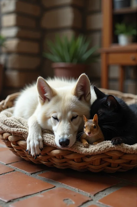 Amateur photography, noise, jpeg artifacts, a white young wolf and a black cat and a brown squirrel sleeping in a wooden Pet basket, brown tile floor, indoor, stone walls, living room, <lora:amateurphoto:0.7>