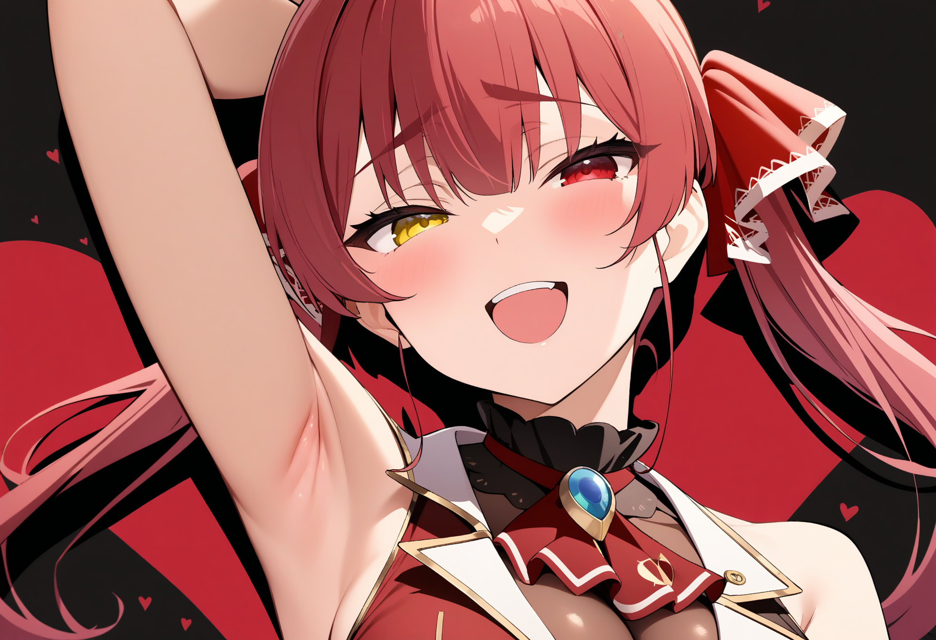 1girl, <lora:Houshou_Marine_XL:1> Houshou_Marine, red hair, long hair, twintails, hair ribbon, red ribbon, yellow eyes, red eyes, heterochromia, black choker, frilled choker, black leotard, leotard under clothes, red ascot, red jacket, sleeveless jacket, cropped jacket, large breasts, cleavage, fingernails, bare arms, arm up, armpits, hand to own mouth, open mouth, :d, upper teeth only, naughty face, half-closed eyes, upper body, looking at viewer, red background, black background, heart background, silhouette, (masterpiece), (best quality), (ultra-detailed), very aesthetic, illustration, perfect composition, intricate details, absurdres,