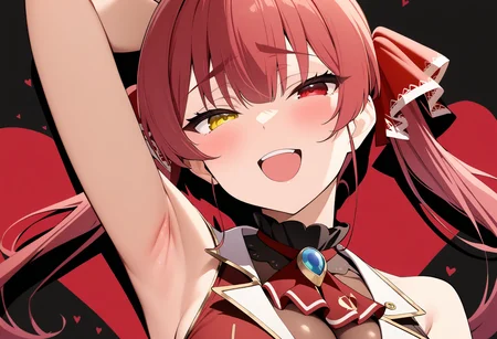 1girl, <lora:Houshou_Marine_XL:1> Houshou_Marine, red hair, long hair, twintails, hair ribbon, red ribbon, yellow eyes, red eyes, heterochromia, black choker, frilled choker, black leotard, leotard under clothes, red ascot, red jacket, sleeveless jacket, cropped jacket, large breasts, cleavage, fingernails, bare arms, arm up, armpits, hand to own mouth, open mouth, :d, upper teeth only, naughty face, half-closed eyes, upper body, looking at viewer, red background, black background, heart background, silhouette, (masterpiece), (best quality), (ultra-detailed), very aesthetic, illustration, perfect composition, intricate details, absurdres,