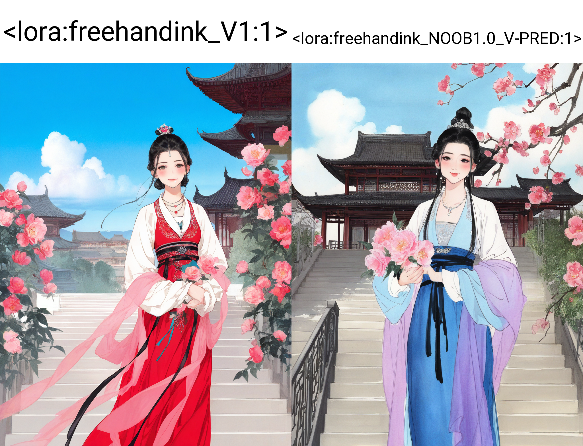 1girl, solo, looking at viewer, blush, smile, black hair, long sleeves, dress, holding, closed mouth, jewelry, standing, flower, outdoors, sky, day, cloud, necklace, hair bun, mole, blue sky, chinese clothes, mole under mouth, pink flower, shawl, stairs, architecture, east asian architecture, hanfu, lattice, traditional media
masterpiece, absurdres,
<lora:freehandink_V1:1>