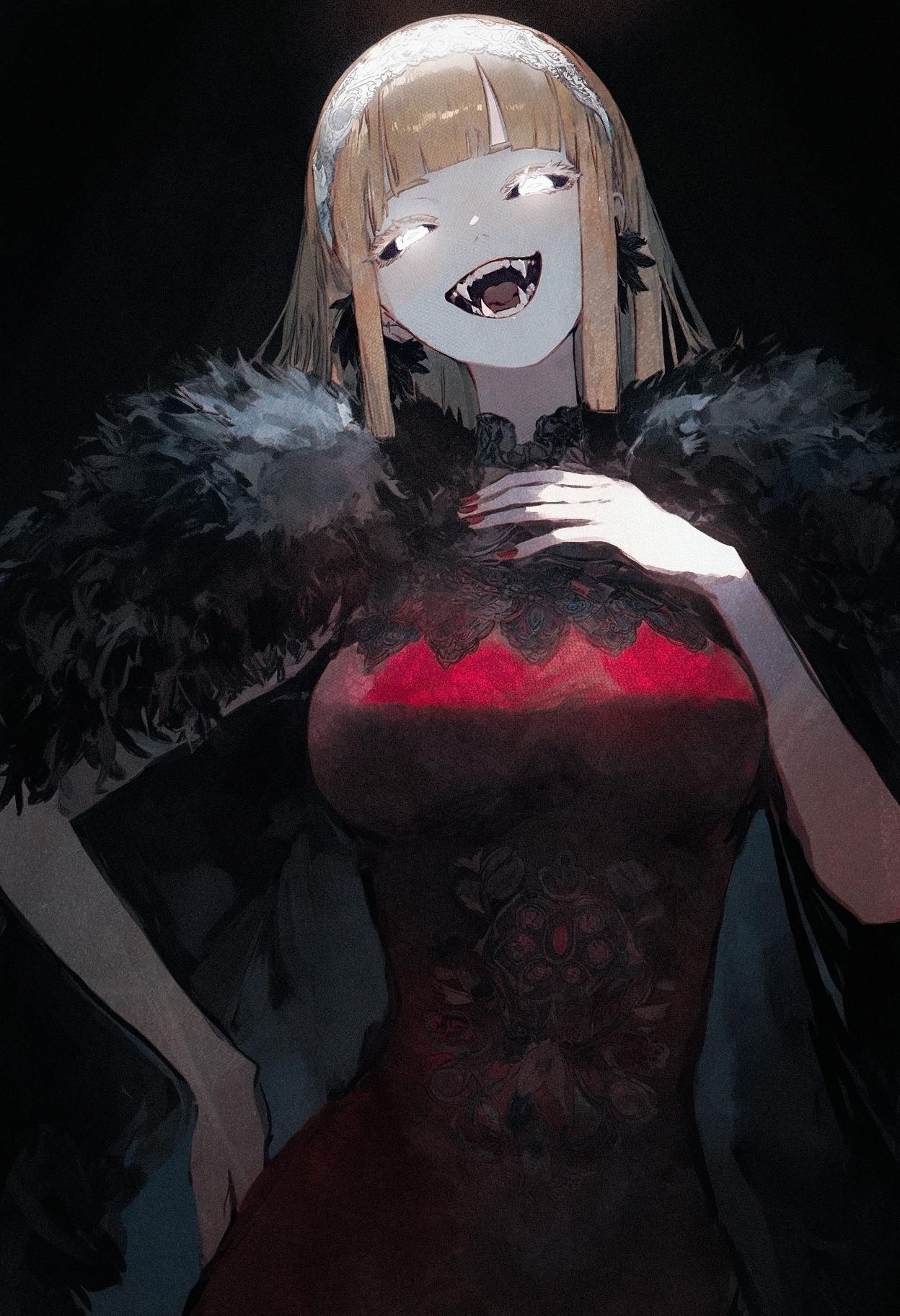 1girl,  yorurokujuu, kukka, yadu nadu, 
,
solo, painterly, painting \(medium\),  safe,straight-on,  straight hair, head tilt, white headband,  blunt bangs, blunt ends,  center-flap bangs,  blonde, slim, smug,  black cape, floating cape, looking at viewer, staring, half-closed eyes,  horizontal pupils, fangs, vampire, white eyelashes, colored eyelashes,  white eyes, black sclera, red dress, lace, fur trim, tall female, large breasts, cowboy shot,  black feathers,  feather earrings, narrow waist, contrapposto, hand on own chest, hand on own hip, 
black background,
masterpiece, high score, great score, absurdres,
<lora:nhl-004:0.7> nhl-004,
