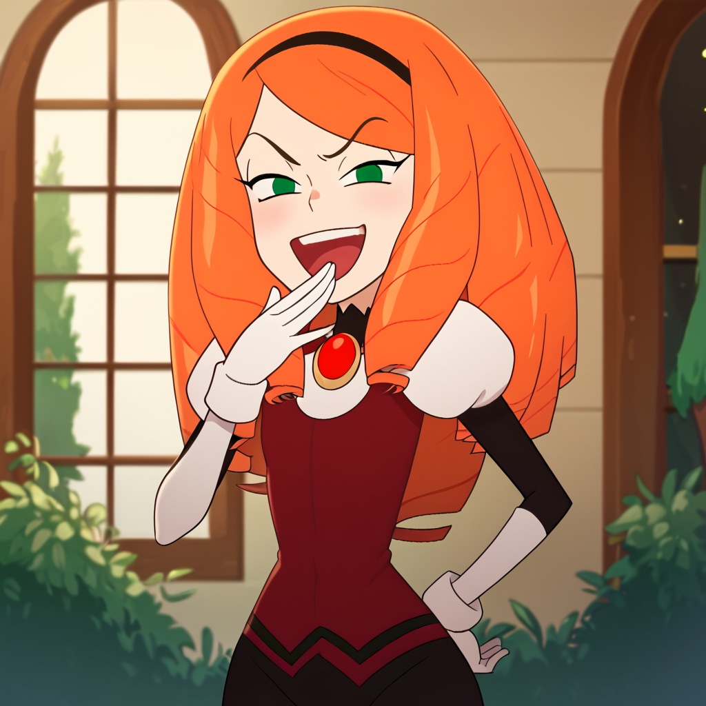score_9, score_8_up, score_7_up, 1girl, Mina, orange hair, long hair, drill hair, hairband, green eyes, small breasts, narrow waist, wide hips, looking at viewer, laughing, hand over own mouth, highres, high quality, masterpiece, <lora:MinaDroners:1> <lora:ojou-sama-pose-ponyxl-lora-nochekaiser:1>, ojou-sama pose, laughing, smug, hand to own mouth, open mouth,