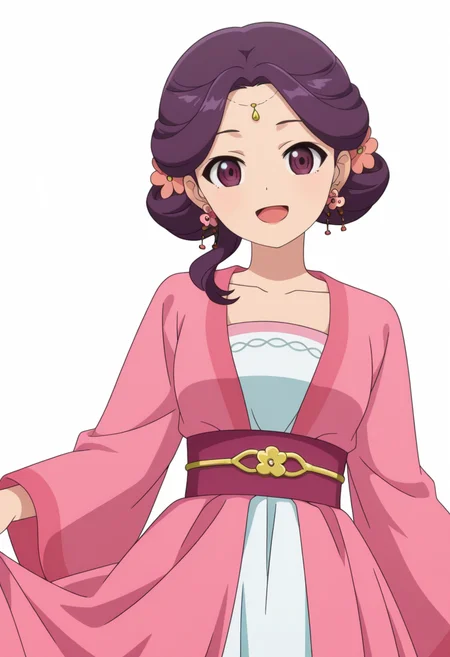 <lora:Ying Hua_illustrious-000040:1>,PN_\(Yinghua\),hair flower,solo,earrings,smile,jewelry,open mouth,looking at viewer,simple background,white background,collarbone,:d,pink dress,purple eyes,purple hair,cowboy_shot