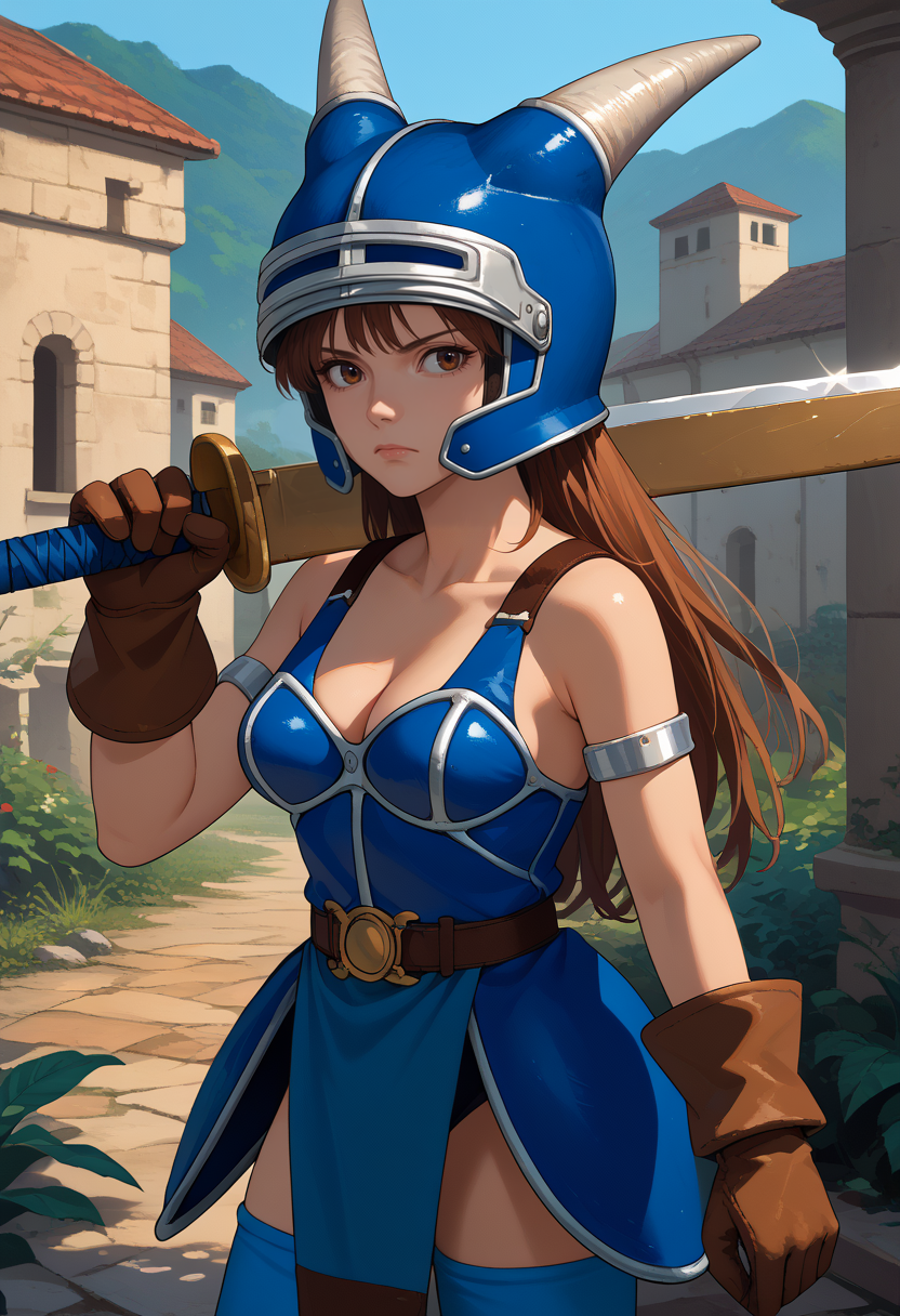 score_9, score_8_up, score_7_up, source_anime, solo, 1girl, dqdaisy, expressionless, looking at viewer, weapon over shoulder, holding weapon, holding sword, brown hair, horned helmet, fake horns, brown eyes, blue armor, belt, armlet, brown gloves, blue thighhighs, bare shoulders, cleavage, large breasts, outdoors <lora:dq_daisy_ponyXL-000008:1> <lora:concept_overshoulder_ponyXL:1>