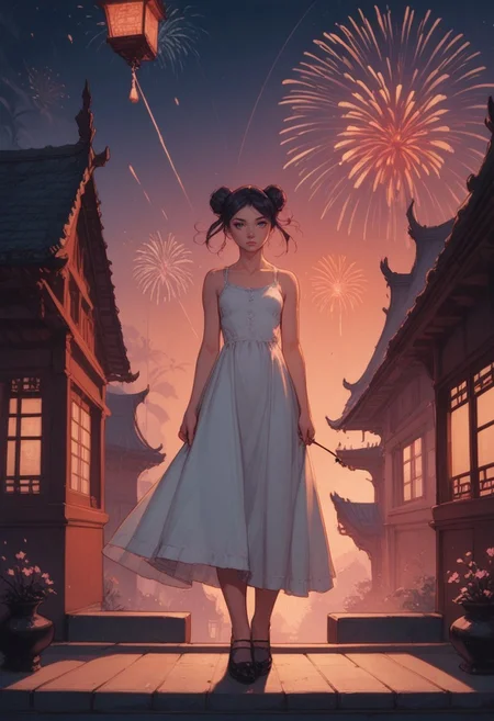 safe_pos, score_9, score_8_up, score_7_up, score_9, score_8_up, score_7_up, Silhouette Art, breathtaking detailed, masterpiece, awe-inspiring, radiant, magnificent. stunning oriental female silhouette, chinese style architecture next to a flowing river, small islands, tower, outer corridors with roof, scenery jill stingray, sundress in the wind, (pigtail buns), dark purple hair, (perfect hands:1.2), human subject focus, exposed breasts, side boob, pale skin, looking away from viewer into the distance, holding a sparkler, ((clean lines, high quality, intricate, dense)), vibrant colors, at night, lanterns, from above, colorful fireworks, High Detail, Perfect Composition, in shadow, high contrast, silhouetted, chiascuro