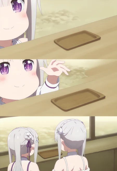 score_9, score_8_up, score_7_up, source_anime,
BREAK
<lora:shiHanaMeme5V1:1>,
hamefull, long hair, blush, smile, open mouth, multiple girls, 2girls, comic, :d, table, parody, bowl,
anime screencap, anime coloring,
1girl, solo,
<lora:shiEmiliaV2:1> shimilia, long hair, grey hair, purple eyes, hair flower, purple ribbon, pointy ears, crown braid,
x hair ornament, white dress, cleavage, bare shoulders,