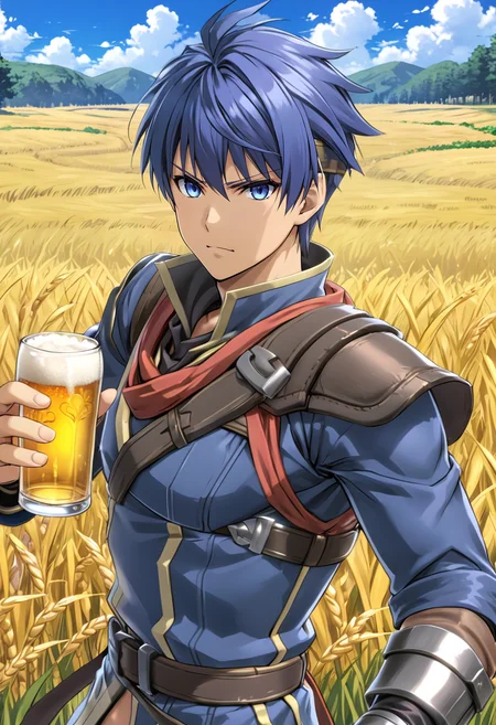 <lora:IKEFEXL:.9> IKEFEXL, 1boy, man, standing in a field, blue hair, blue eyes, drinking beer, (anime, masterpiece, intricate:1.3), (best quality, hires textures, high detail:1.2), (4k),(incredibly detailed:1.4),UHD, 8K, ultra detailed
