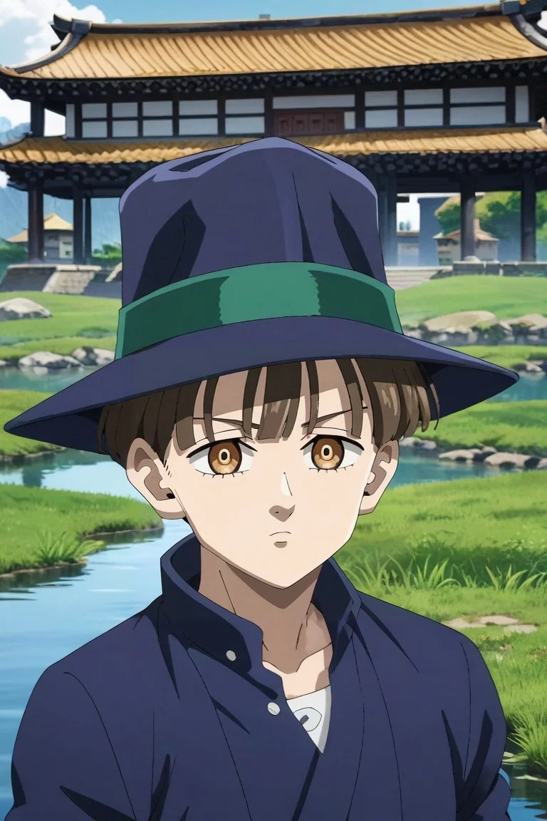 score_9, score_8_up, score_7_up, source_anime, rating_safe, , anime screencap, anime coloring, , looking at viewer, , 1boy, solo, male focus, <lora:nasiens_nnt_mny_pony:0.9>, nasiens_nnt_mny, brown hair, brown eyes, short hair, bangs, hat, panorama, pond, arch, japanese architecture, midnight, legs up, expressionless, ,, <lora:sdxl_lightning_8step_lora:1>