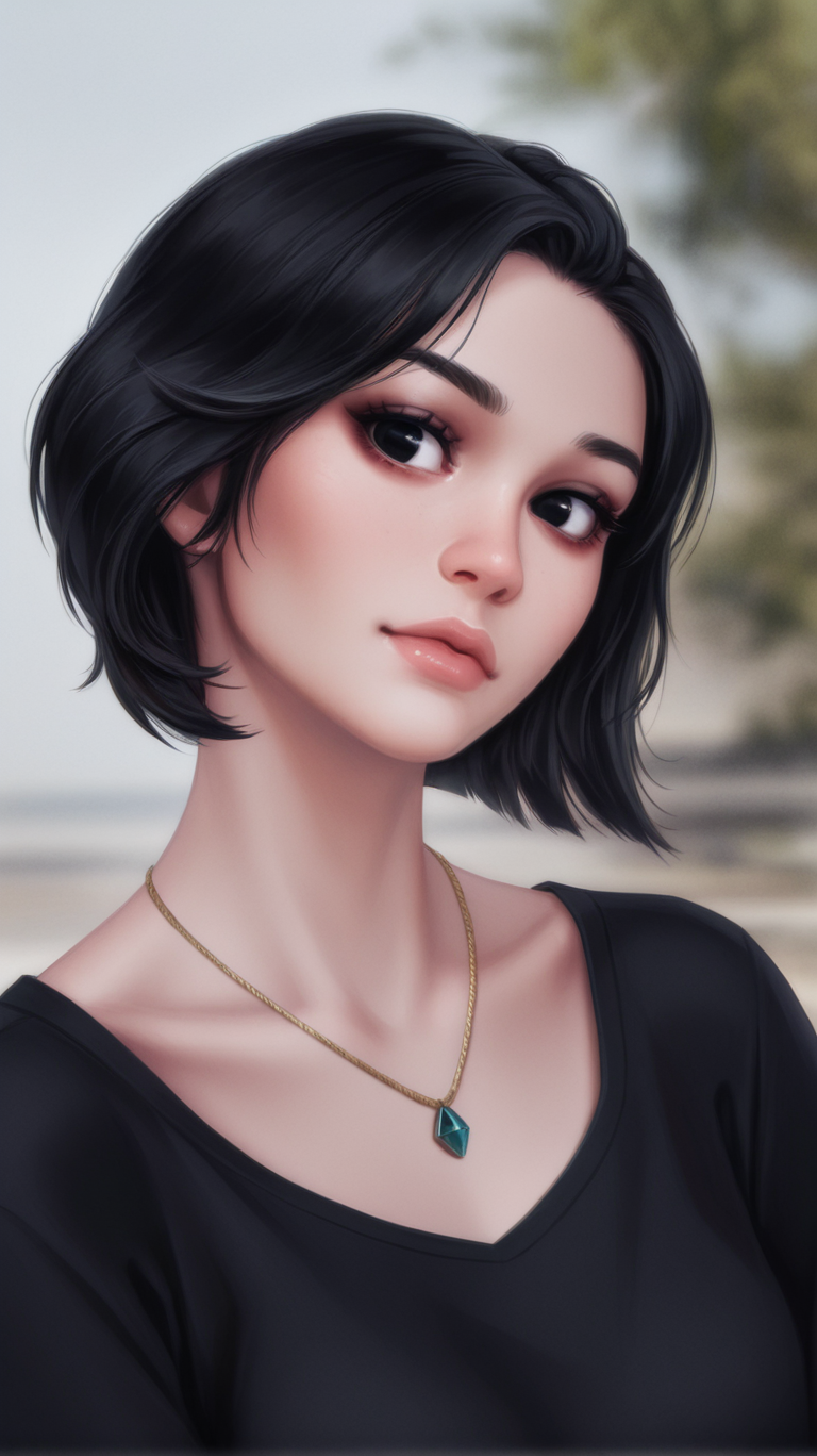 1girl, solo, short_hair, black_hair, jewelry, collarbone, upper_body, necklace, blurry, black_eyes, lips, head_tilt, looking_to_the_side, black_shirt, blurry_background, realistic