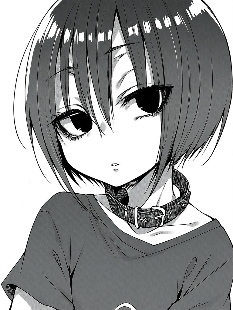 score_9, score_8_up, score_7_up,  
1girl, monochrome, kurose kana, short hair, black hair, black eyes, flat chest,


face, close-up, expressionless, parted lips, looking at viewer, t-shirt, white background, collar,