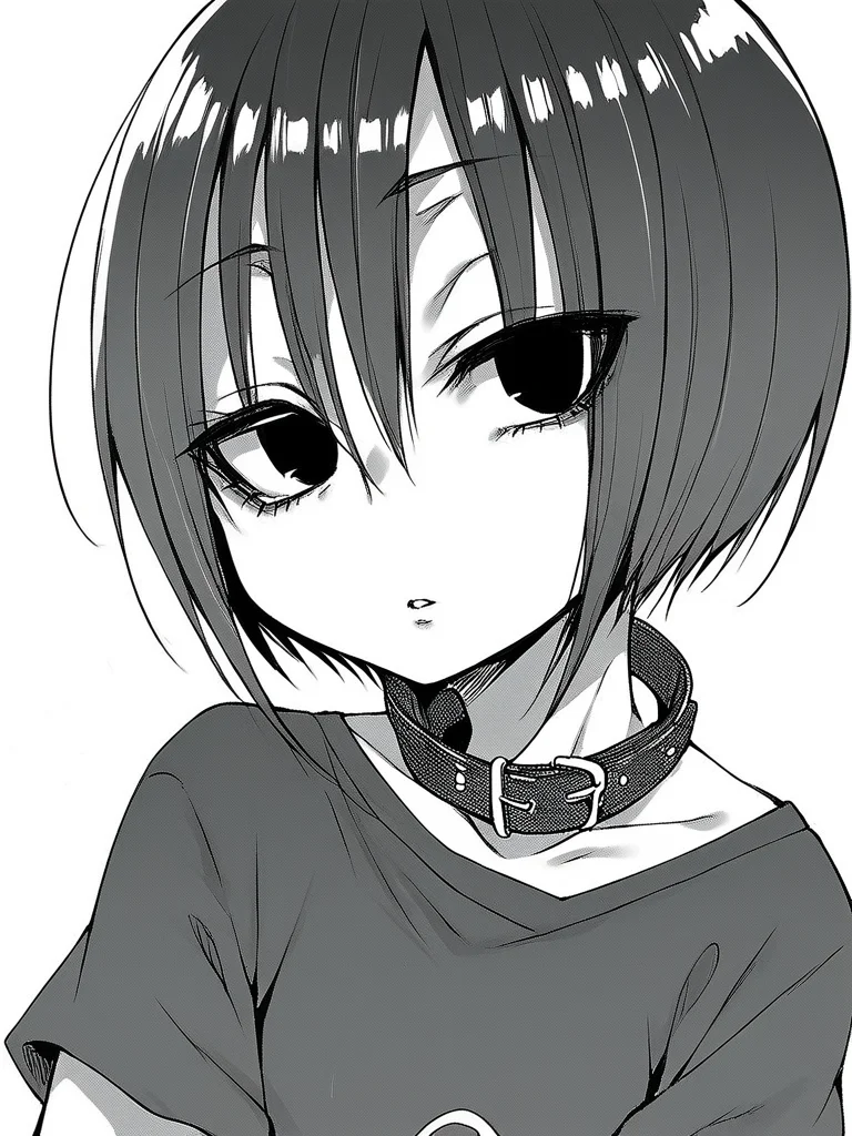 score_9, score_8_up, score_7_up,
1girl, monochrome, kurose kana, short hair, black hair, black eyes, flat chest,
face, close-up, expressionless, parted lips, looking at viewer, t-shirt, white background, collar,
