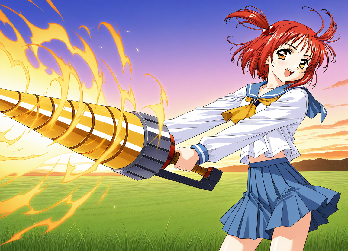 general,highres, ultra-detailed,very aesthetic,best quality ,best hands,  BREAK <lora:Megumi_Spiral_NAMI_IS:1>
Drill_Megumi, 1girl, drill, weapon,double  drill ,  red hair, short hair, brown eyes, hair bobbles, hair ornament, two side up, 
BREAK, spark, aura,
 solo, school uniform, serafuku, blue skirt,  long sleeves, 
open mouth, smile, pleated skirt, looking at viewer, ã2000s \(style\),
smile,looking at viewer, cowboy_Shot,
grass, sky,