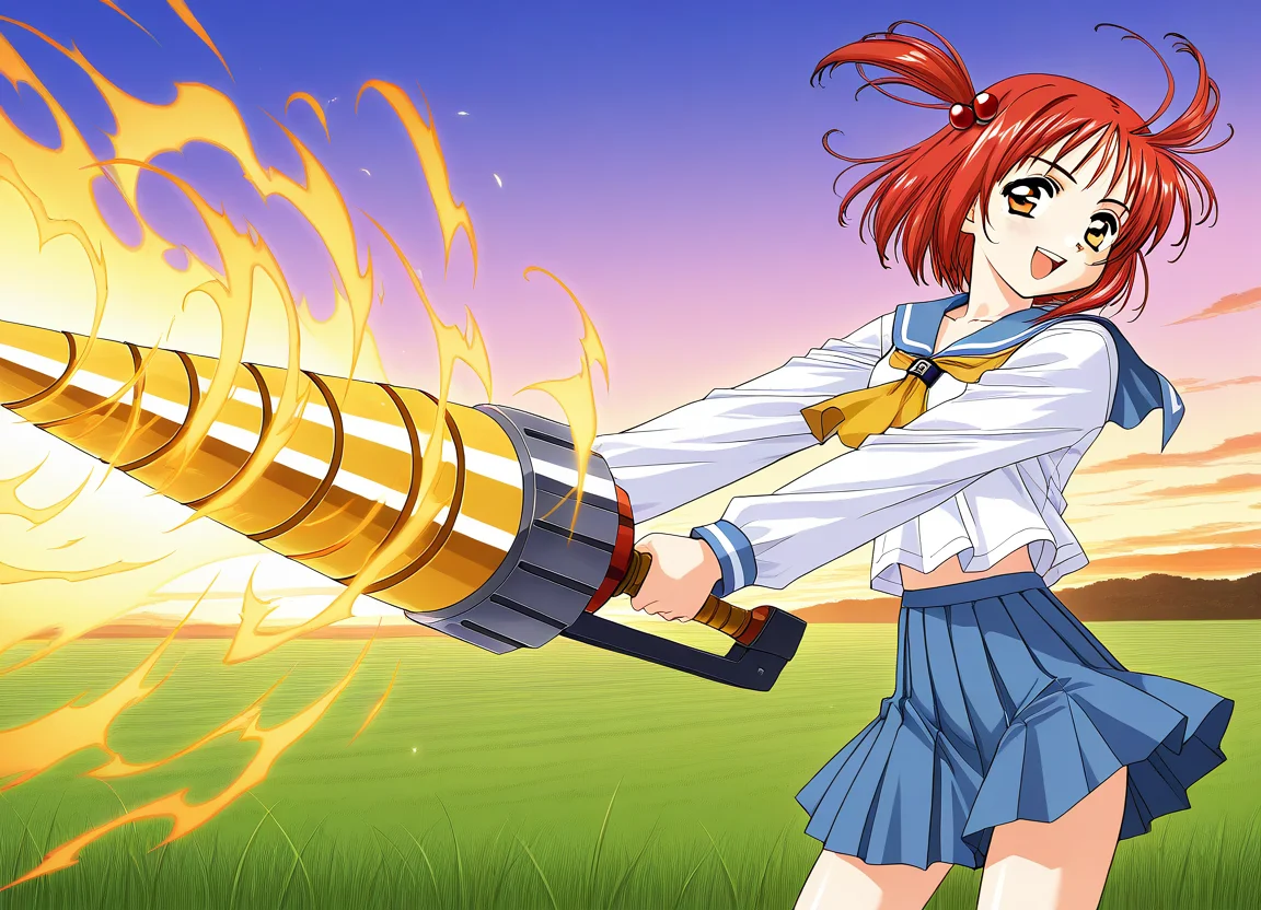 general,highres, ultra-detailed,very aesthetic,best quality ,best hands,  BREAK <lora:Megumi_Spiral_NAMI_IS:1>
Drill_Megumi, 1girl, drill, weapon,double  drill ,  red hair, short hair, brown eyes, hair bobbles, hair ornament, two side up, 
BREAK, spark, aura,
 solo, school uniform, serafuku, blue skirt,  long sleeves, 
open mouth, smile, pleated skirt, looking at viewer, ã2000s \(style\),
smile,looking at viewer, cowboy_Shot,
grass, sky,