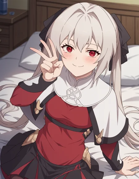 score_9, score_8_up, score_7_up, source_anime, <lora:lynneburg-clays-s1-ponyxl-lora-nochekaiser:1>, lynneburg clays, long hair, red eyes, twintails, grey hair, hair intakes, hair ribbon,, pantyhose, capelet, white capelet, dress, red dress, long sleeves, skirt, black skirt, pleated skirt,, indoors, bed, bed room, on side, blush, drunk,, smile, looking at viewer, v, v over mouth, smug,, solo,, cowboy shot, dutch angle