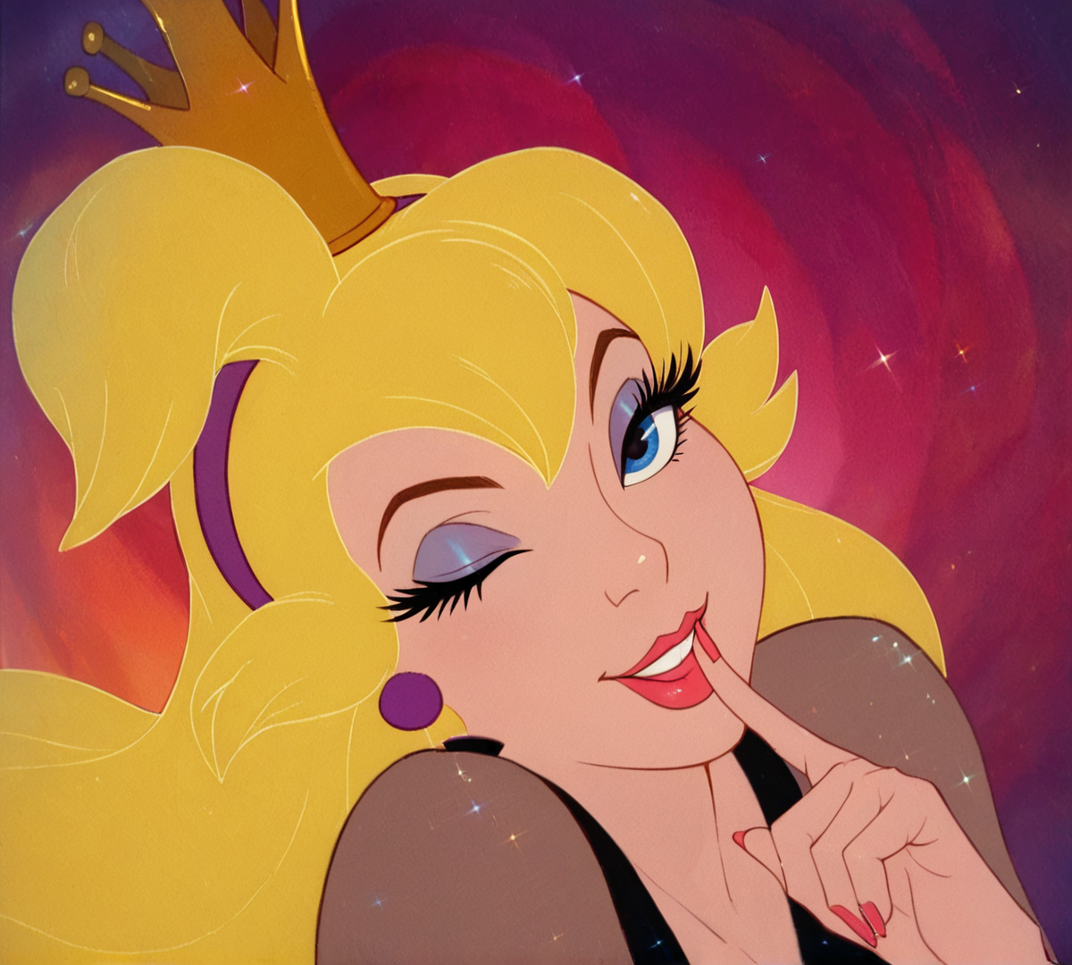 Princess Daphne, zPDXL, best quality, amazing quality, score 9, 1girl, looking at viewer, seductive smile, finger to mouth, wink, crown,<lora:Princess_Daphne:0.7>