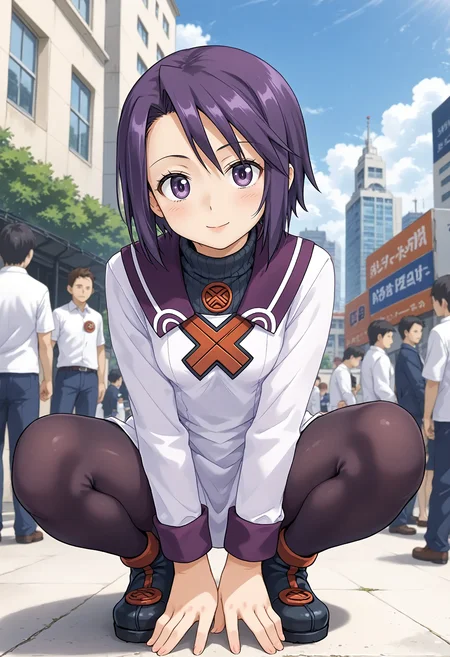 <lora:Hyper-SDXL-8steps-lora:1> <lora:Fixhands_anime_bdsqlsz_V1:1> zPDXL2, score_9, score_8_up, score_7_up, masterpiece, best quality, absurdres, high resolution, 8k, official art, official style, source_anime, uncensored, anime screencap, anime coloring, megami magazine, (ai-generated:0.6), 
1girl, sn2-toris, purple hair, short hair, purple eyes, white dress, sn2-toris outfit, purple pantyhose, black boots, 
squatting, arms between legs, dutch angle, hands, hanging hair, head tilt, looking at viewer, Confident, Eyes that meet the viewer directly, a slight smile, and a relaxed posture., outdoors, city, audience, crowd, solo, solo focus, 
<lora:SN2-toris_XL(pony)v11:1>