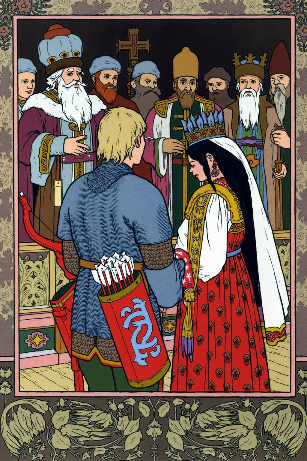 ivanbilibin1 illustration. 
A blonde knight, carrying a bow and quiver full of arrows, stands on the left with his back to the viewer. He is dressed in medieval armor with a red and gold patterned surcoat over a blue tunic. A princess wearing a crown, shown in side profile view, stands beside him. A Russian king and a bishop are in the background. Decorative borders frame the scene. <lora:ivanbilibin2_cap_d6a3e11:1.0><lora:857302982889362085:0>
