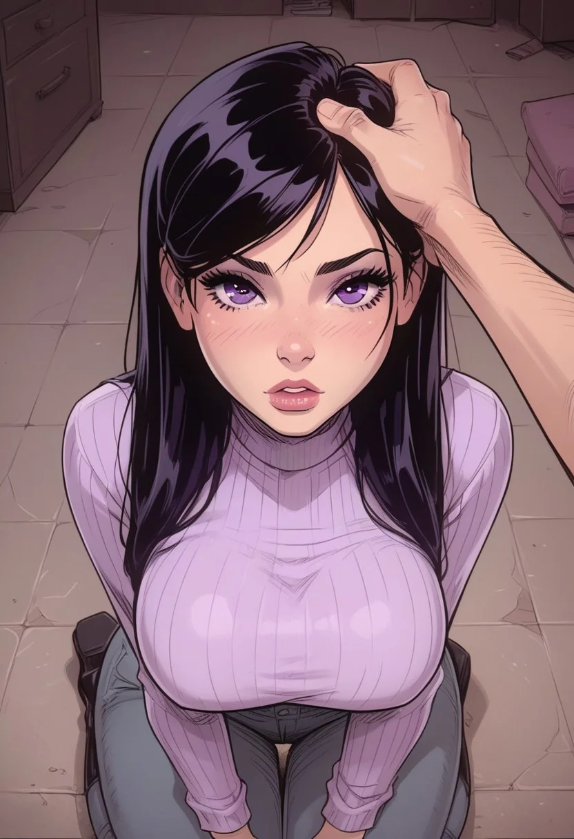 (score_9, score_8_up, score_7_up),  melkor_style,
1girl, Violet Parr, 18yo slutty girl, dark purple eyes, medium ass, booty, straight dark hair, long hair, big breasts, tits, BREAK
1boy, pov,, BREAK,
kneeling, head pat, pov, front view, closeup, face focus