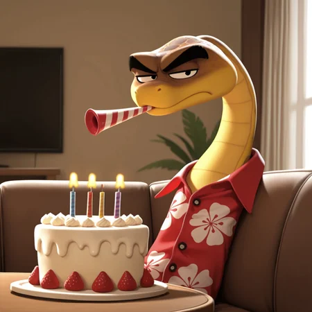 uncensored, masterpiece, best quality, highly detailed, realistic, 1boy, solo, MRSK, ffurry, feral, scalie, snake, black eyebrows, black eyes, brown body, brown scales, yellow body, yellow scales, two tone body, two tone scales, red hawaiian shirt, upper body, sitting, closed mouth, looking at viewer, indoors, living room, brown couch, table, detailed background, annoyed, irritated, narrowed eyes, birthday cake, (blowing party horn, party horn in mouth)