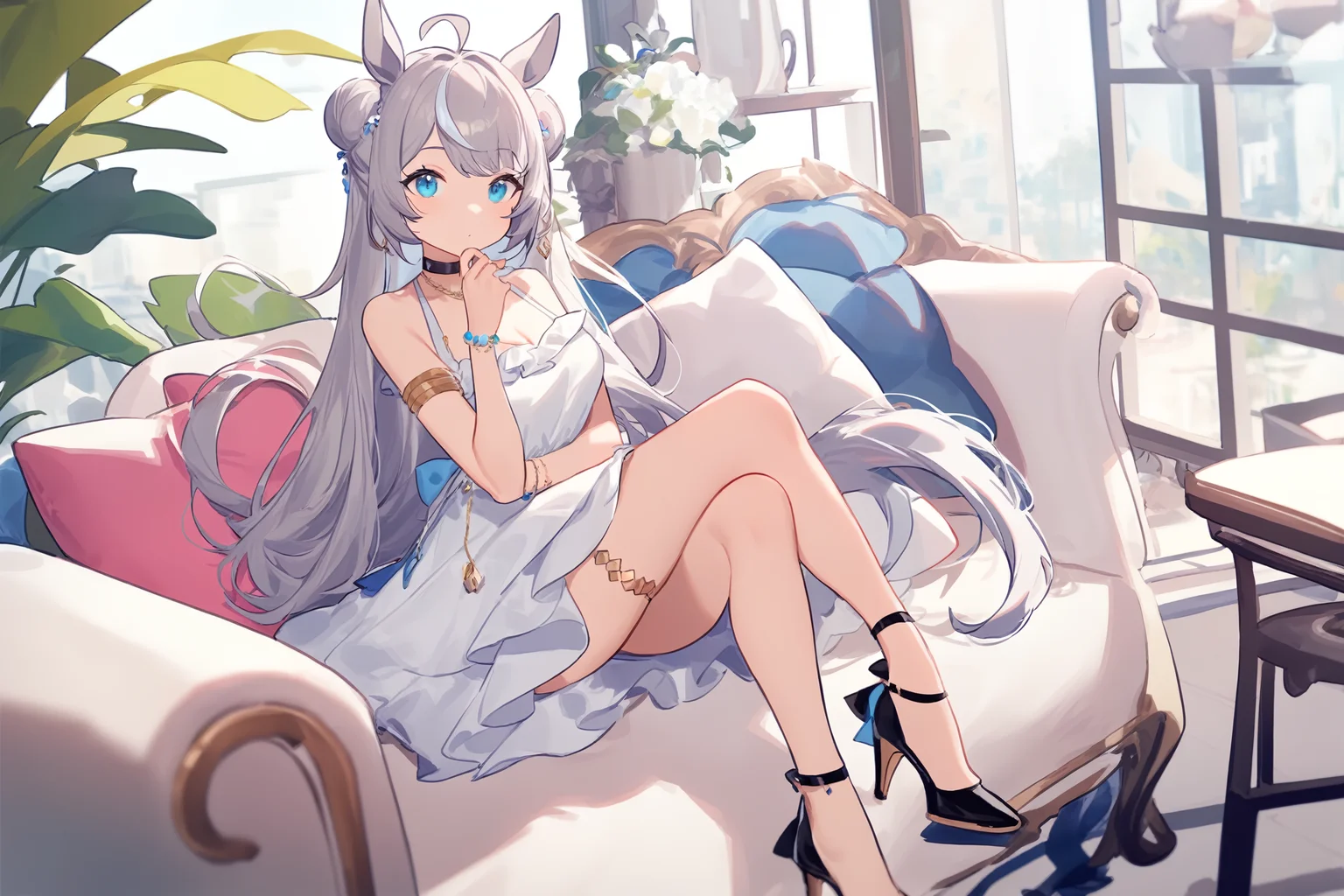 1girl,
umamusume,
ask \(askzy\), torino aqua, migolu,
solo, (1o1i:1.1), medium breasts, silver hair, (light purple hair:0.6), very long hair, hair between eyes, looking at viewer, tareme, horse girl, blue eyes, horse tail, sidelocks, hair bun, jewelry, necklace, ahoge, cleavage, full body, hand to own mouth, choker, sitting, thighlet, animal ears, long hair, bracelet, horse ears, double bun, earrings, breasts, armlet, hair ornament, tail, cafe, fashion, casual, blurry, cushion, streaked hair, high heels, bare shoulders, frills, black footwear, strappy heels, official alternate costume, couch, white skirt, blurry background, crossed legs, closed mouth, skirt,
masterpiece, newest, absurdres, safe