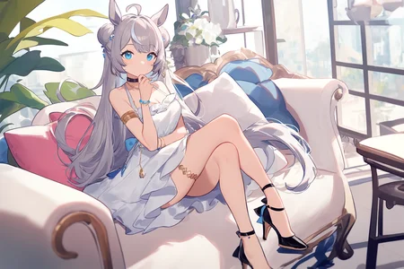 1girl,
umamusume,
ask \(askzy\), torino aqua, migolu,
solo, (1o1i:1.1), medium breasts, silver hair, (light purple hair:0.6), very long hair, hair between eyes, looking at viewer, tareme, horse girl, blue eyes, horse tail, sidelocks, hair bun, jewelry, necklace, ahoge, cleavage, full body, hand to own mouth, choker, sitting, thighlet, animal ears, long hair, bracelet, horse ears, double bun, earrings, breasts, armlet, hair ornament, tail, cafe, fashion, casual, blurry, cushion, streaked hair, high heels, bare shoulders, frills, black footwear, strappy heels, official alternate costume, couch, white skirt, blurry background, crossed legs, closed mouth, skirt,
masterpiece, newest, absurdres, safe