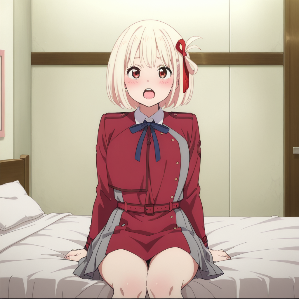 nsfw, masterpiece,best quality,amazing quality,1girl, solo,lycoris_recoil_chisato_nishikigi, sitting on bed, lycoris uniform, blonde hair, open mouth, short hair, pleated dress, red dress, red eyes, ribbon, bob cut,bangs, open mouth, grey dress, belt, neck ribbon, blue ribbon, shorts, indoors, red belt, red ribbon,teeth, blush, facing viewer, bow, upper teeth only, hair bow, bedroom, bed, <lora:Chisato_Nishikigi_-_Lycoris_Recoil:0.7>