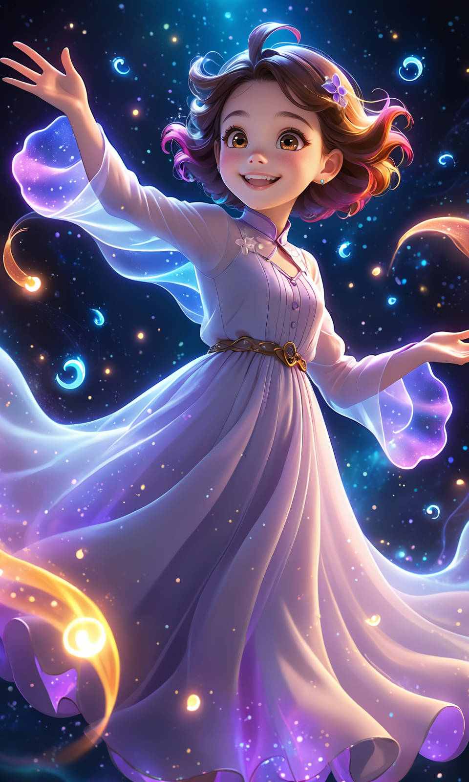 Adorable ghost, glowing edges, colorful aura, soft smile, animated appearance, vibrant colors, smooth textures, whimsical ambiance, ultra-high resolution, gentle lighting, dark background, detailed character design, cinematic shot, close-up view, medium shot, wide-angle shot, playful expression, floating particles, ethereal glow, joyful atmosphere, balanced composition, dynamic pose, fluid motion, charming appeal, fantasy setting