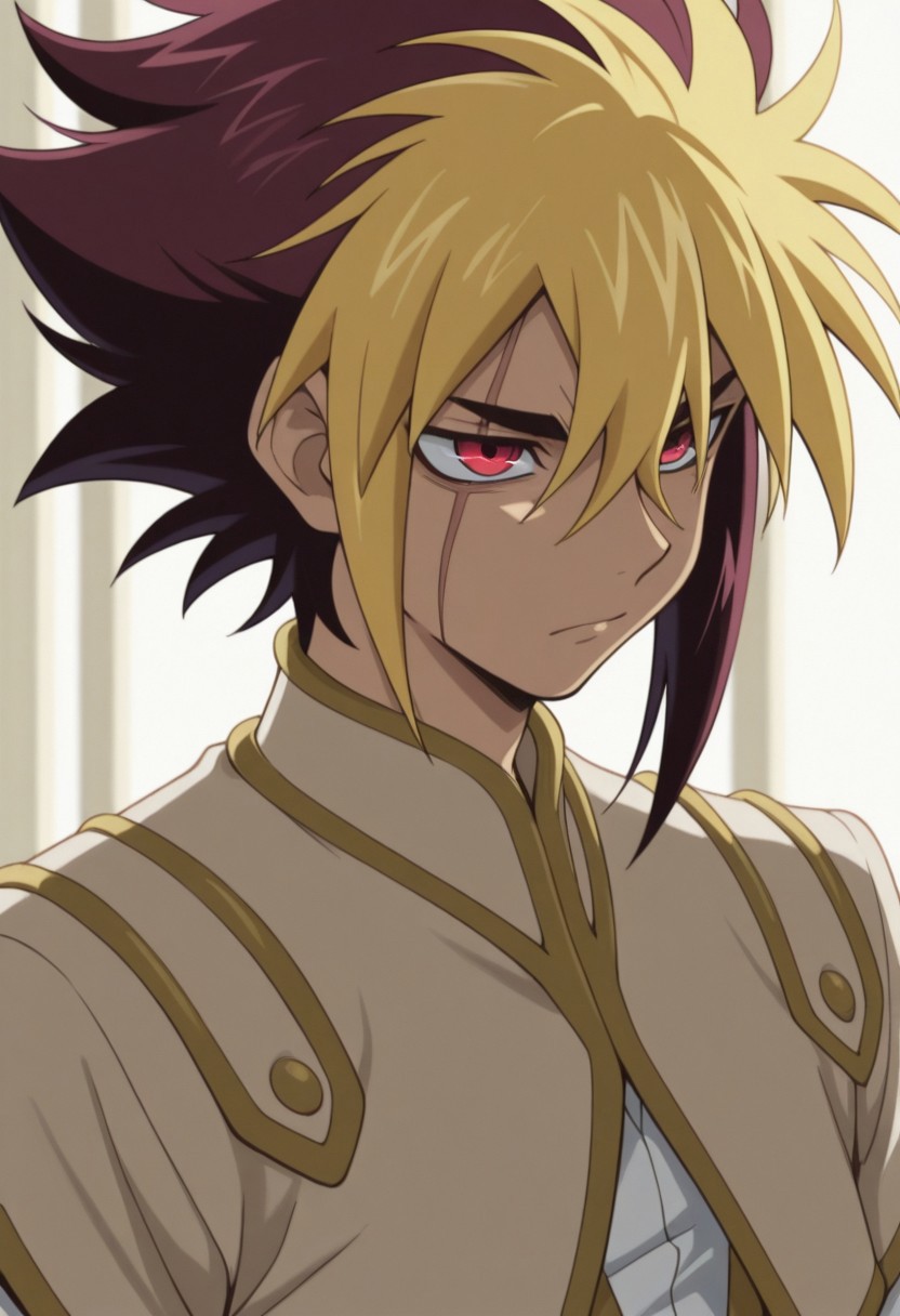masterpiece,best quality,amazing quality, source_anime, 
Thomrclight, 1boy, male focus, solo, red eyes, scar across eye, multicolored hair, brown hair, blonde hair, shirt, white shirt, coat, brown coat, short over long sleeves, portrait,
